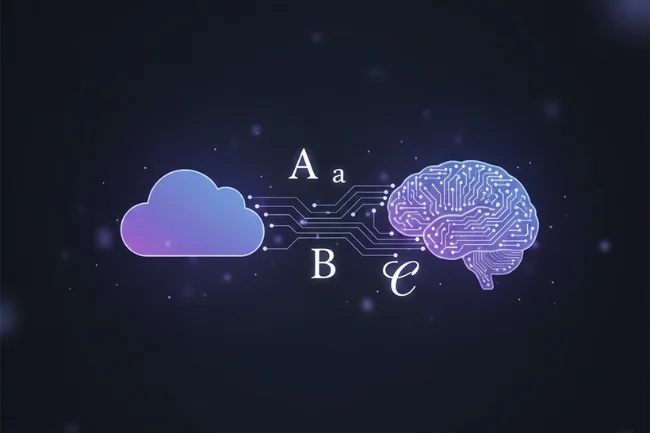 Fontlu concept illustration showing AI brain connected to a cloud with floating letters A, B, and C over a dark gradient background.