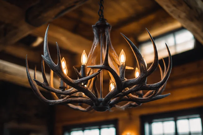 Log Home Interiors featuring a rustic antler chandelier with warm lighting, highlighting the natural wood elements.