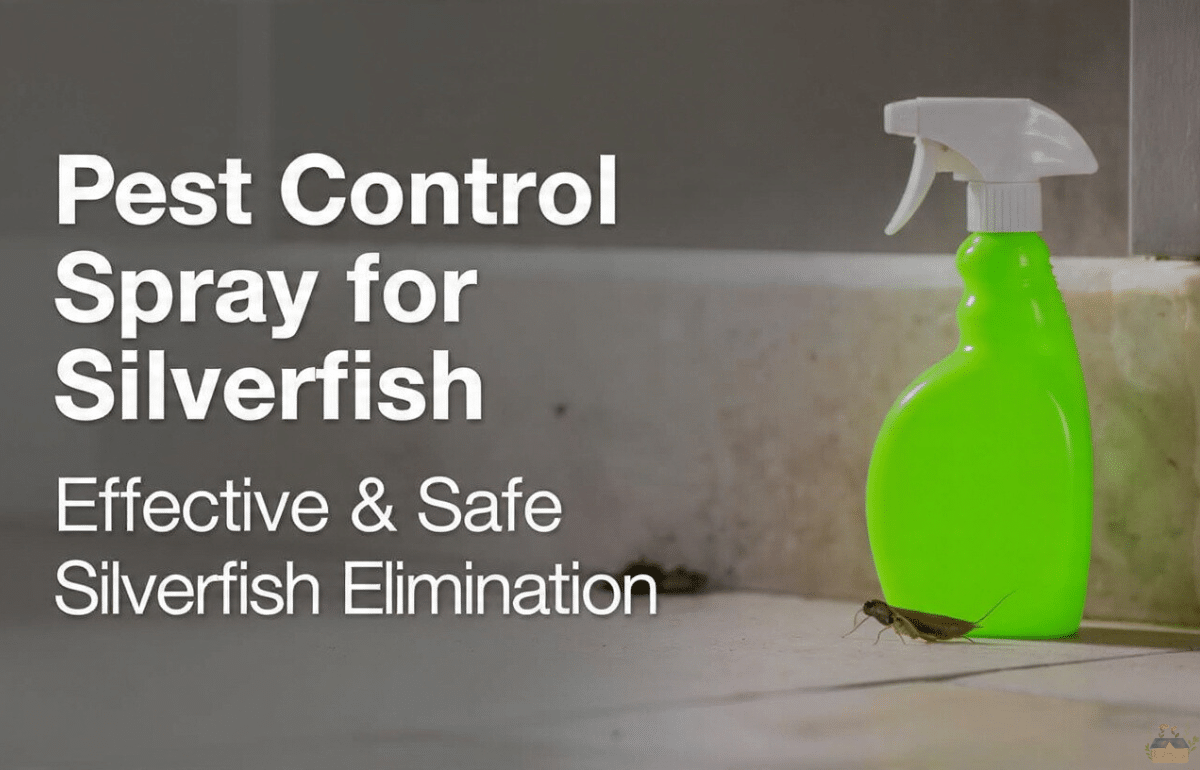 Pest control spray for silverfish shown next to a silverfish insect in a clean home environment.