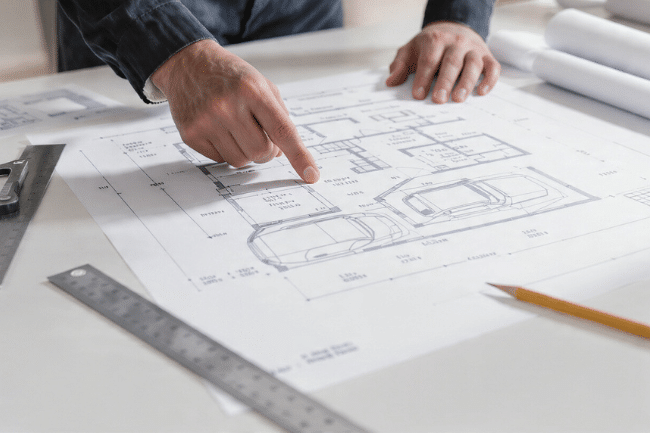 Architect reviewing a detailed blueprint with car outlines and measurements, planning accurate 3-car garage dimensions.