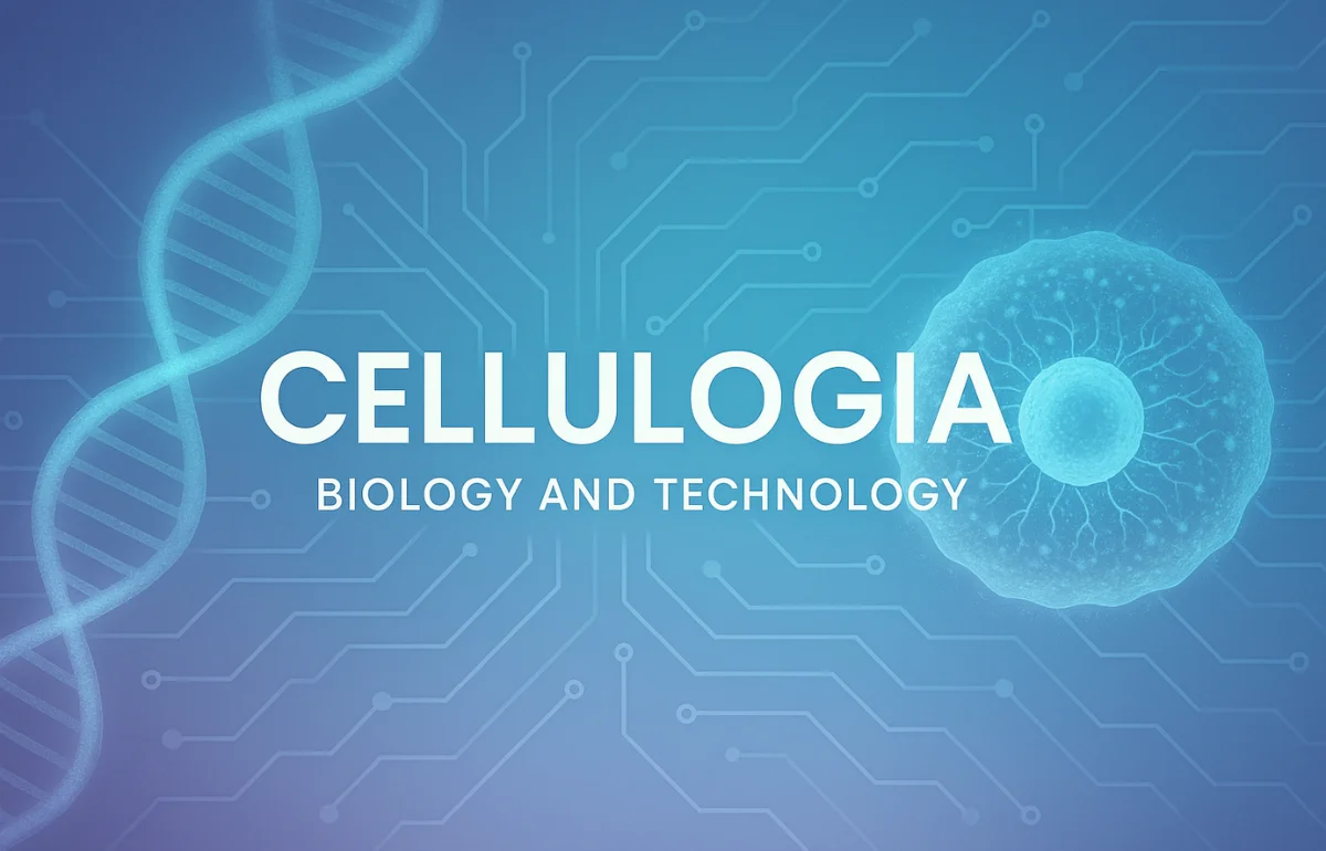 Glowing digital artwork representing Cellulogia—a fusion of biology and technology—with a DNA strand, human cell, and circuit lines in soft blue and lavender tones.