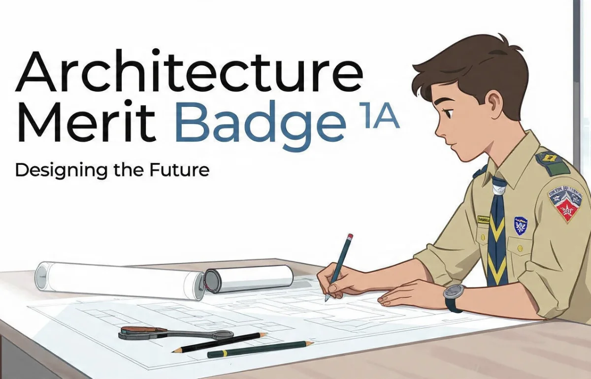 Architecture Merit Badge 1A - Scout designing building plans and sketching architectural designs.