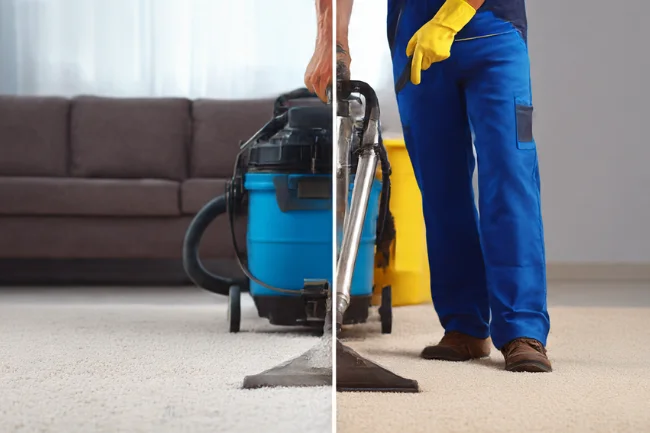 Split-screen comparison of DIY and professional cleaning showing carpet brightness difference — carpet cleaning cost and results.