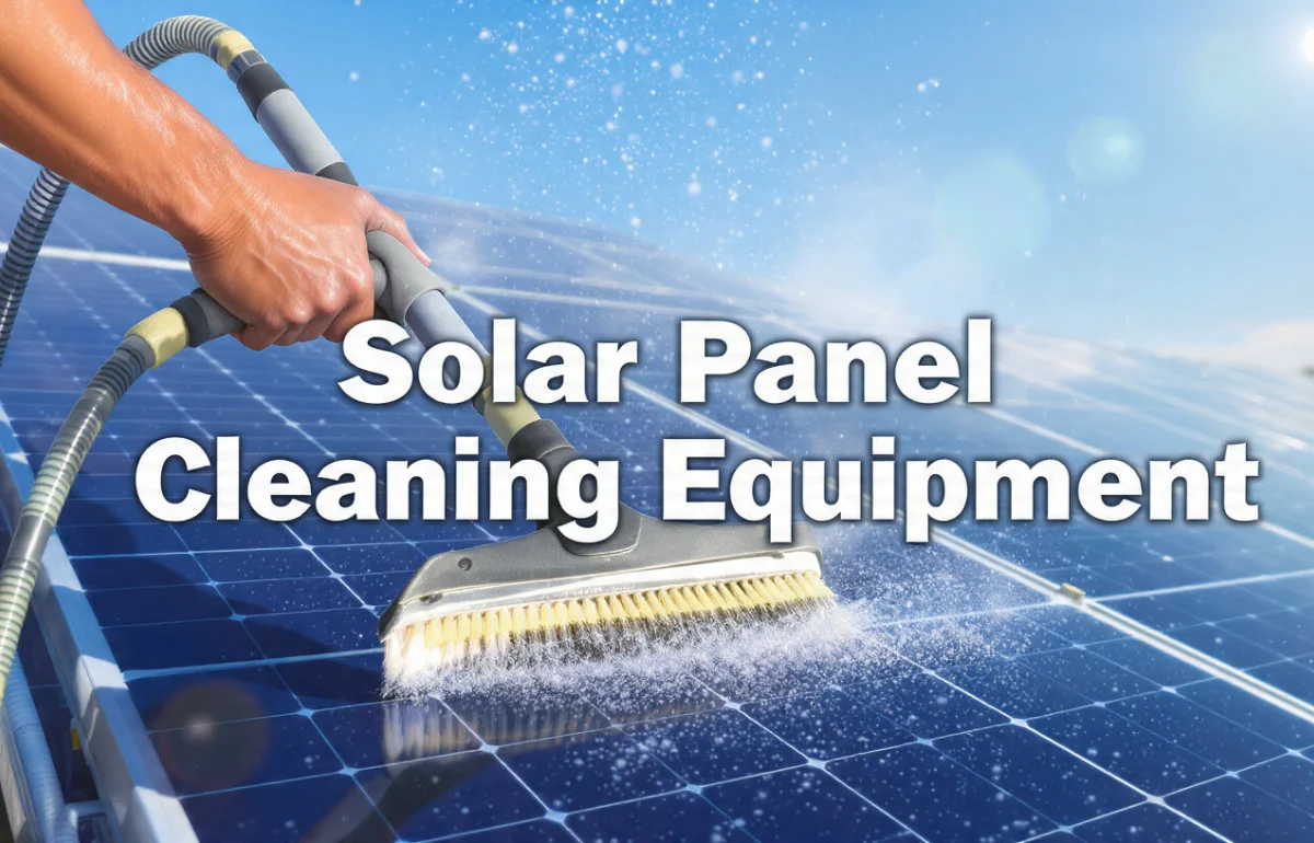 Hands using professional Solar Panel Cleaning Equipment with water-fed brush under bright sunlight for efficient maintenance.
