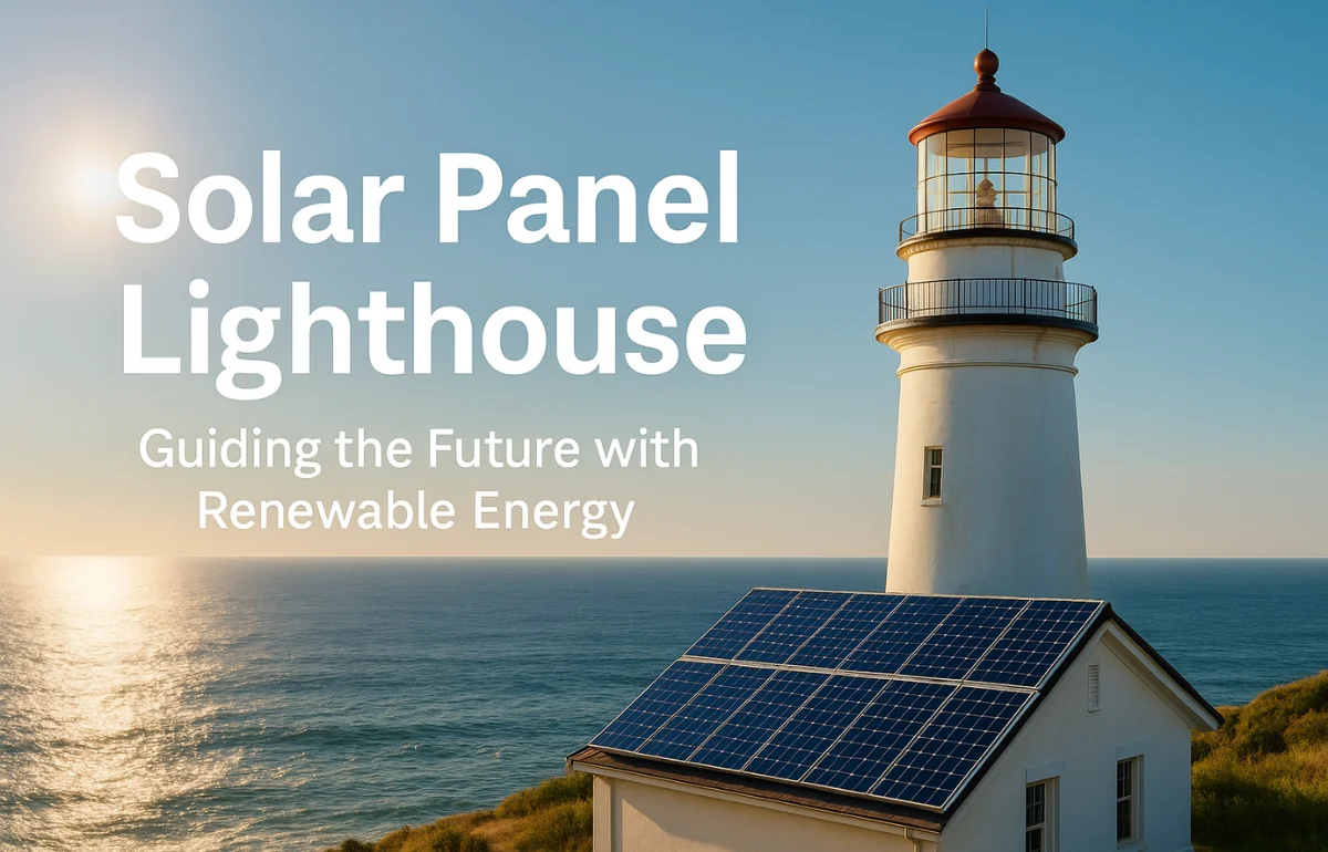 A modern Solar Panel Lighthouse by the sea with sunlight reflecting on the ocean, symbolizing clean and renewable coastal energy.
