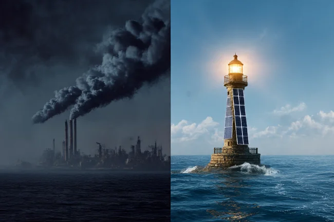 A split image showing environmental contrast: on the left, dark factory smoke pollutes the air; on the right, a bright Solar Panel Lighthouse stands in clear blue waters, symbolizing clean and renewable energy.