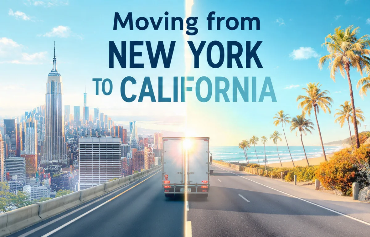moving from new york to california – a cross-country relocation showing a split image of NYC skyline and California beach