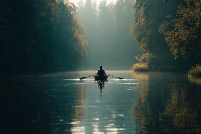 Veneajelu - A serene boat trip on calm waters, with a person rowing through misty morning light, surrounded by lush greenery.