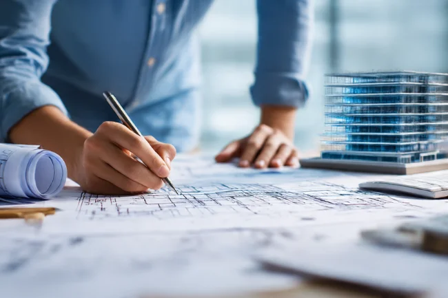 Architecture Merit Badge 1A - Architect working on building plans with blueprints and a 3D model.