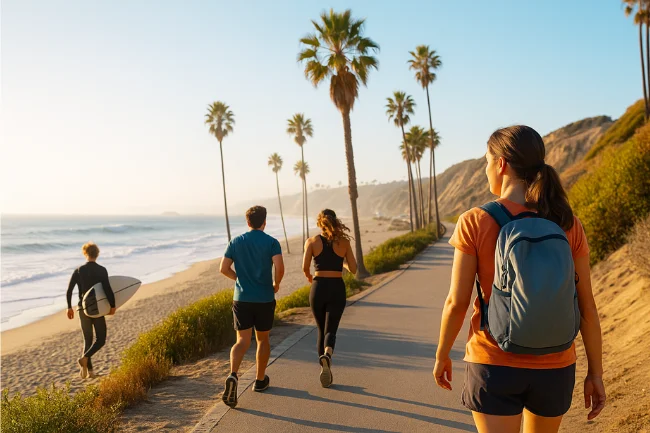 moving from new york to california – people enjoying outdoor life in California with surfing, jogging, and hiking along the sunny coast