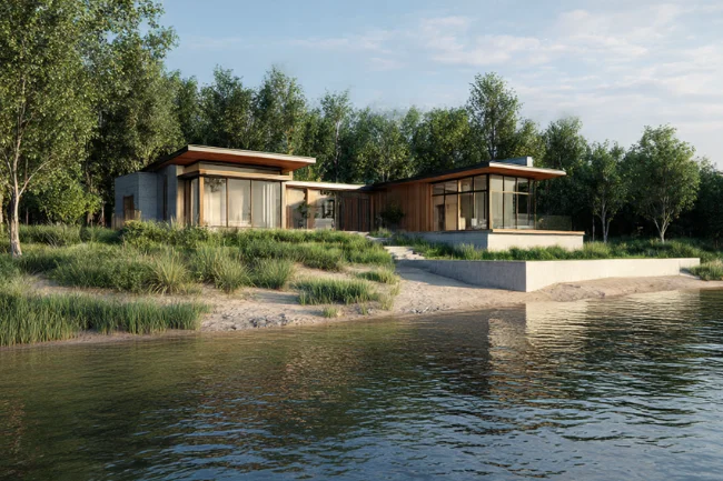 Modern lakefront home illustrating Avulsion Real Estate with stable shoreline and natural land boundaries under soft daylight.