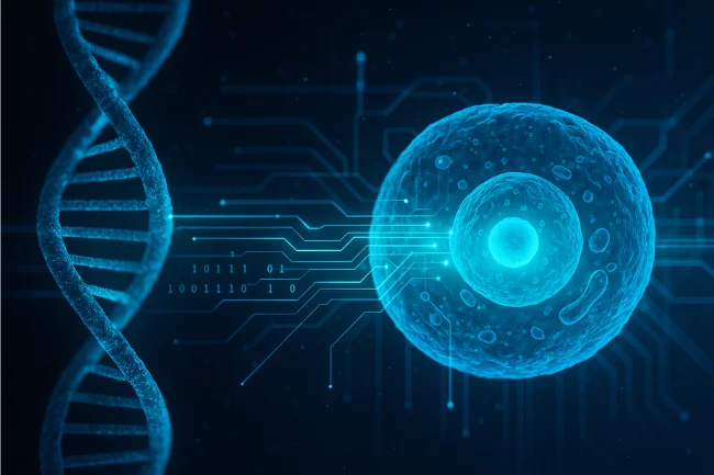 Microscopic cell and DNA strand connected by digital circuits and glowing blue lines, illustrating the concept of Cellulogia and modern biotechnology.