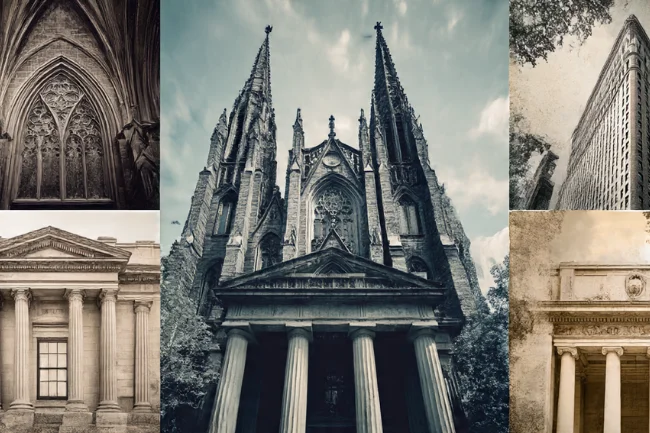 Architecture Merit Badge 1A - Showcase of different architectural styles like Gothic, Classical, and Modern buildings.