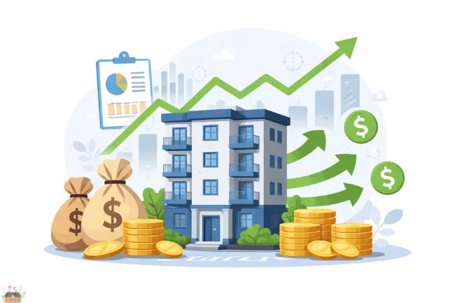 Apartment building with upward income chart and dollar symbols showing rental profit growth.