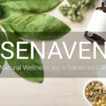 Senaven supplement concept with herbal leaves, natural ingredients, and wellness bottles on a clean wooden background.