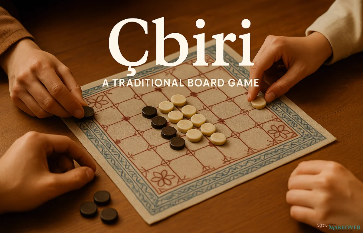 People playing Çbiri on a traditional patterned board, showing hands and game pieces on a wooden table.