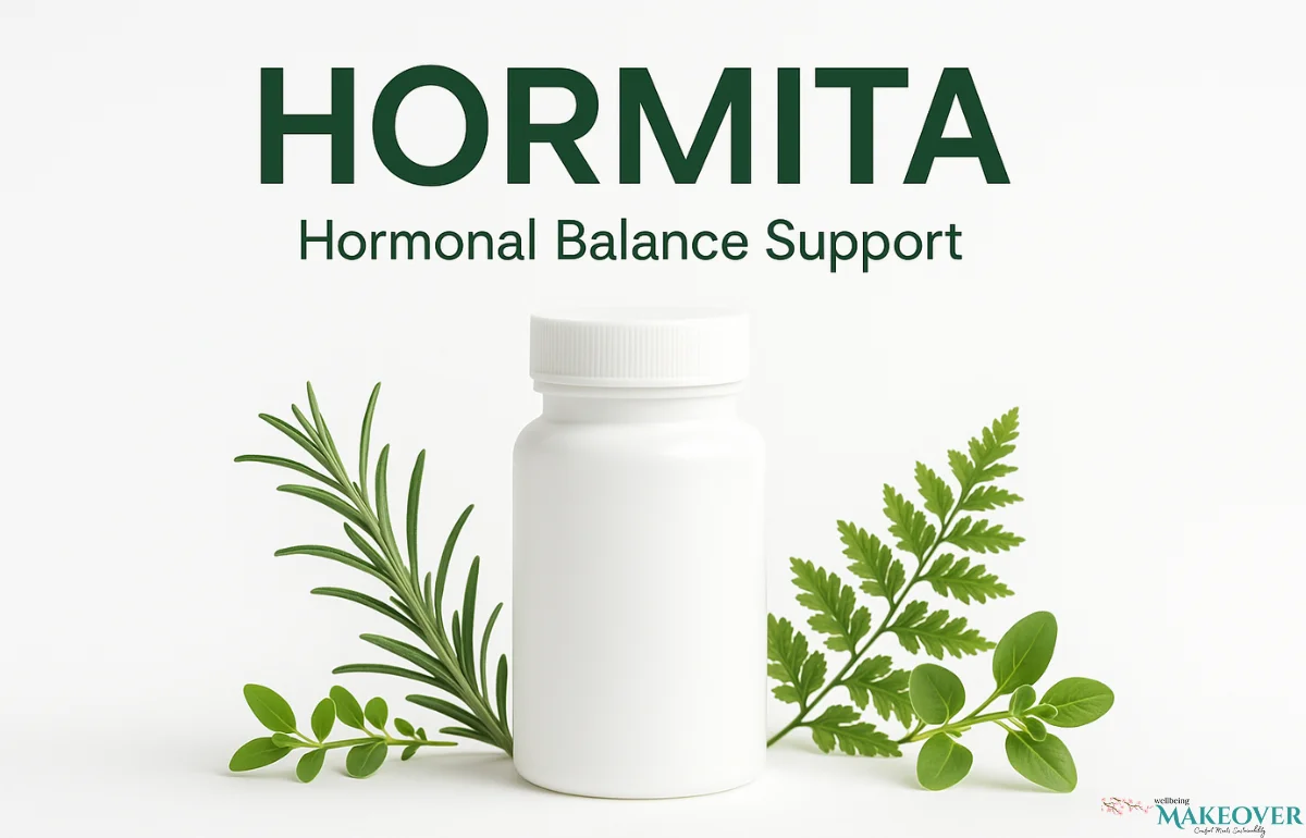 Hormita supplement bottle with green herbs on a clean white background