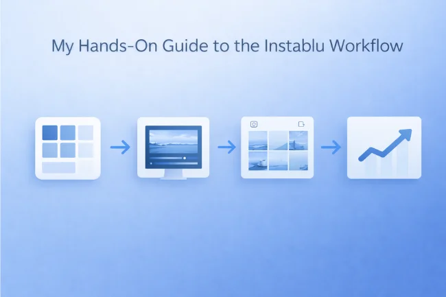 Instablu workflow image showing a blue minimalist content creation process