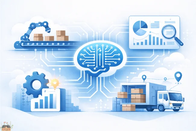 TechExample Org image showing AI automation improving business operations and supply chain efficiency.