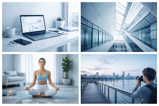 Instablu real-world impact shown through blue minimalist Instagram-style grids across tech, design, wellness, and photography