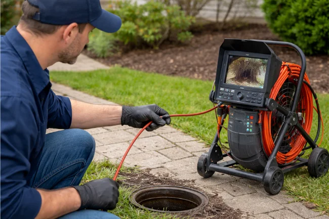 Plumber Overland Park KS performing a sewer camera inspection for drain issues