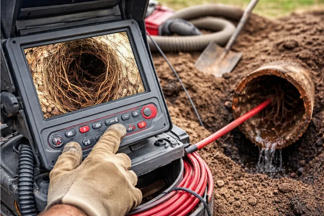 Mt Kisco NY Plumber inspecting a sewer line with visible tree root intrusion