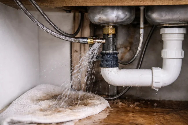 Kansas City emergency plumber responding to a burst pipe and active water leak under a kitchen sink