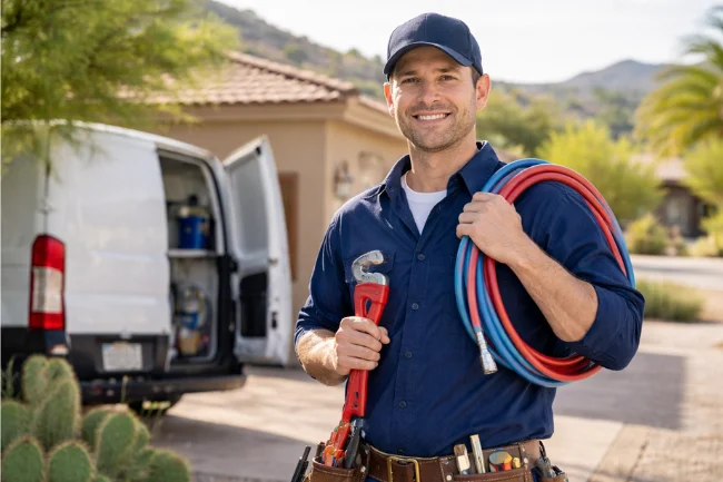 Plumber Fountain Hills AZ standing outside a residential home with professional tools