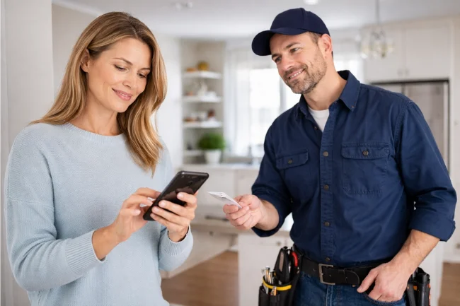 Kansas City emergency plumber discussing service details while a homeowner saves contact information