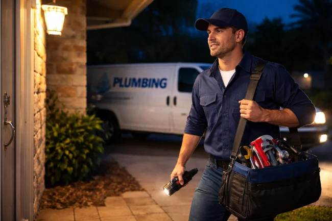 Plumber Fountain Hills AZ arriving for emergency plumbing service at night