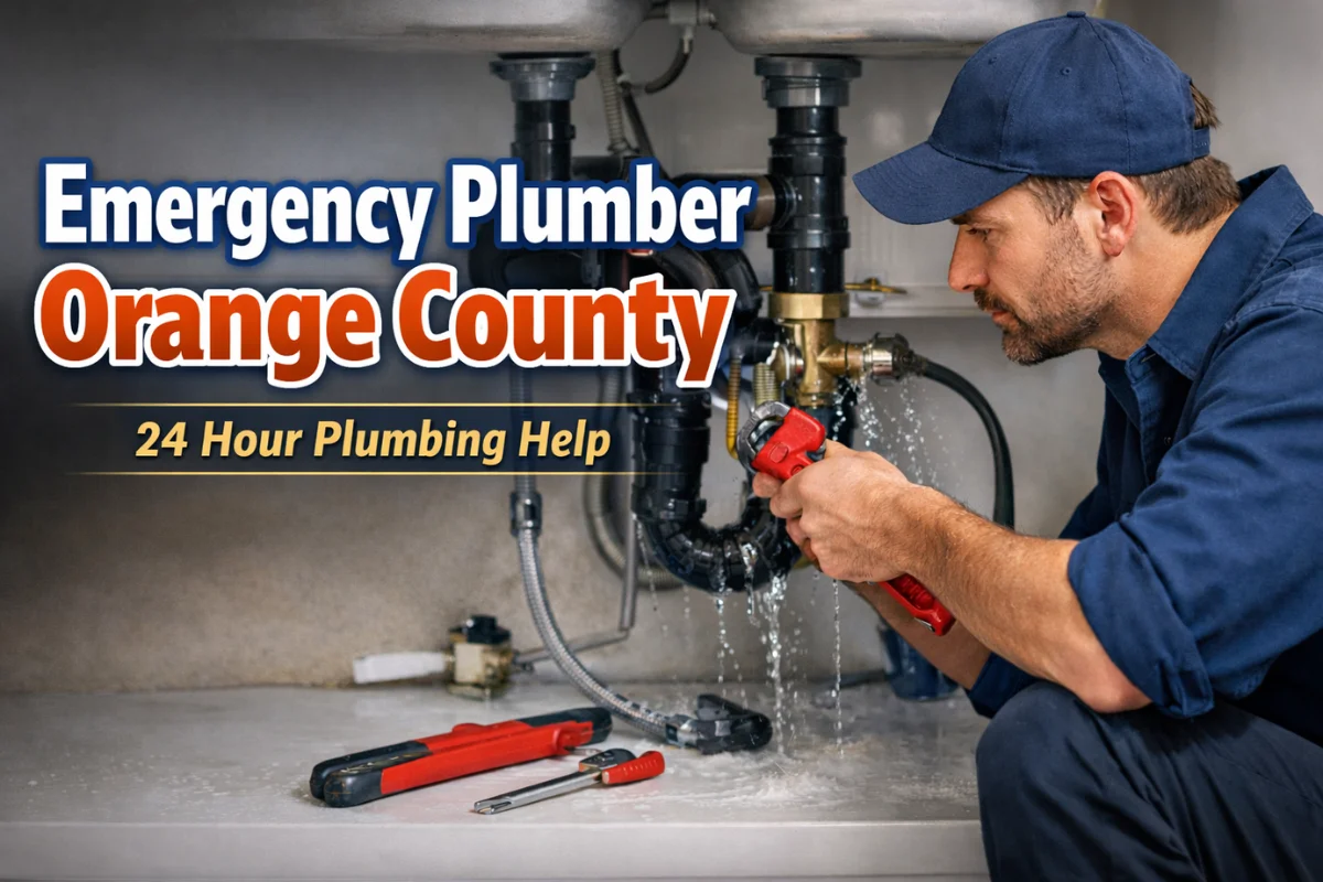 Emergency Plumber Orange County fixing an active pipe leak under a kitchen sink during a 24 hour plumbing emergency
