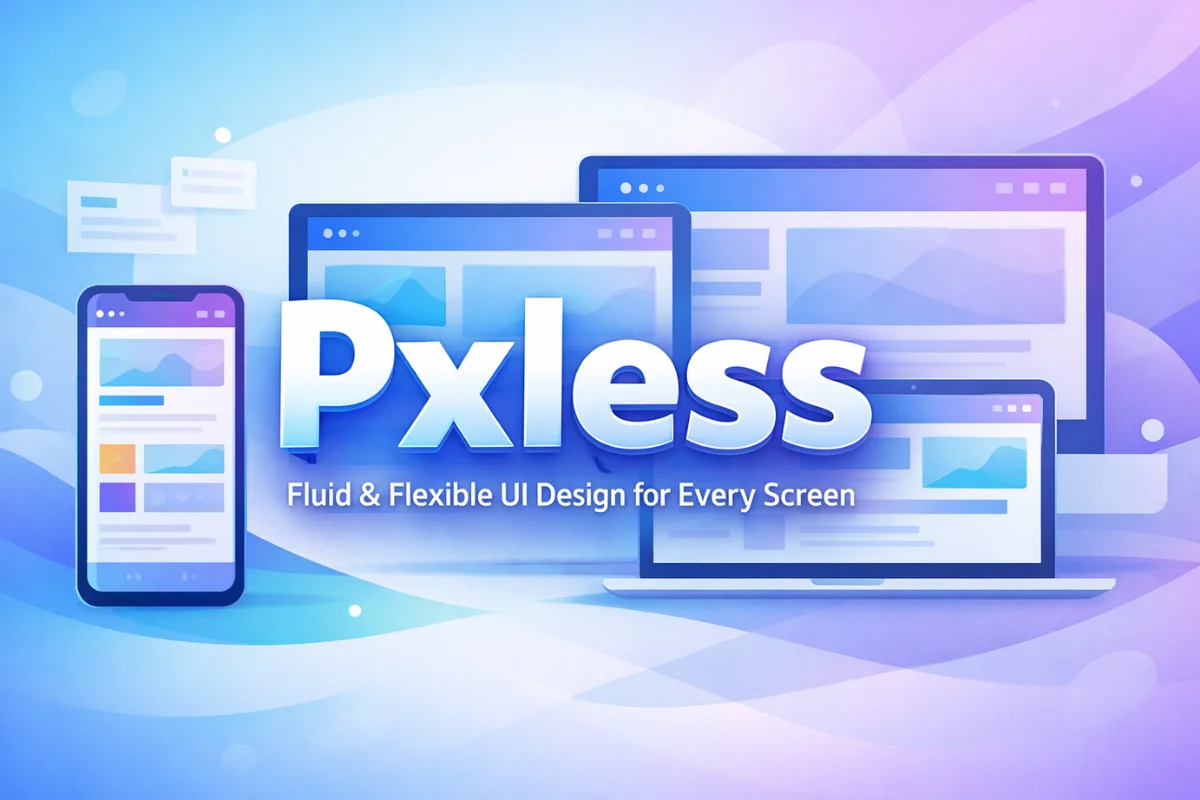 Pxless design concept showing flexible UX/UI layouts adapting across multiple screen sizes