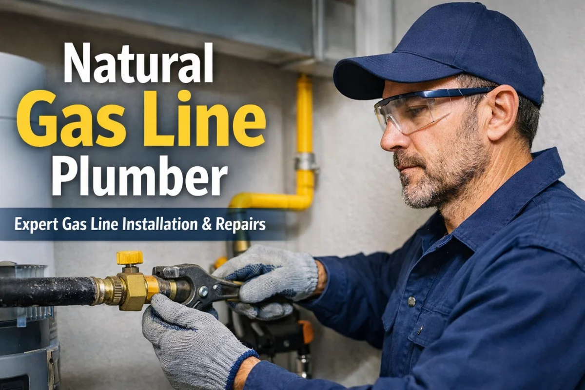 Natural Gas Line Plumber installing and inspecting a residential gas pipe for safe, code-compliant service
