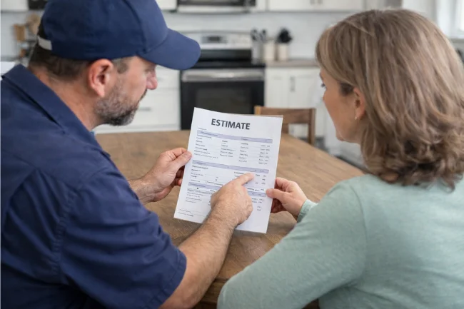 Affordable Plumber CO LLC explaining a clear plumbing estimate to a homeowner in a Colorado kitchen