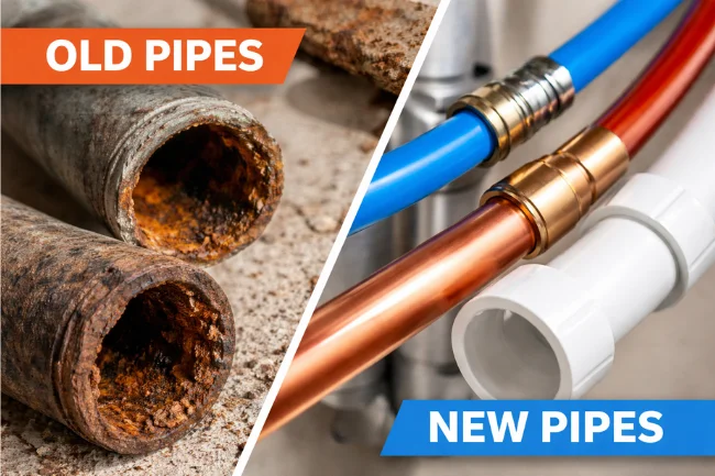 Ross Township PA Plumber comparing old corroded pipes with modern PEX, copper, and PVC plumbing