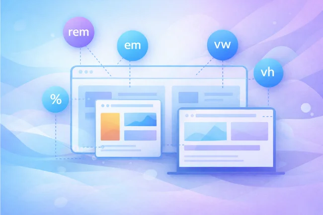 Pxless design illustration showing relative CSS units like rem, em, %, vw, and vh adapting across screens