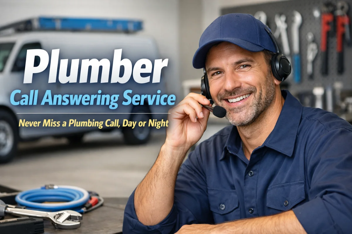 Plumber call answering service with a professional plumber answering calls using a headset in a service workshop