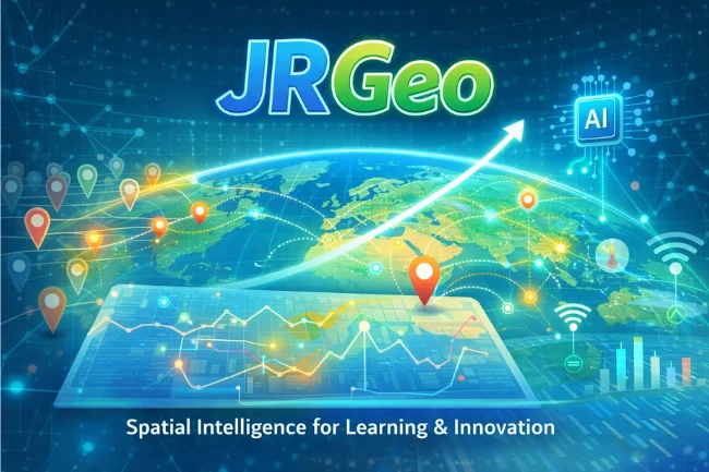JR Geo real-time geospatial intelligence framework showing live maps, data flows, and predictive modeling