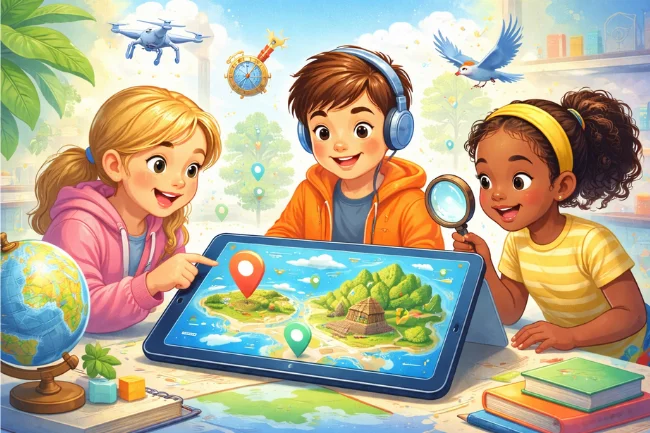 JR Geo gamified learning illustration showing children exploring geography through interactive digital maps