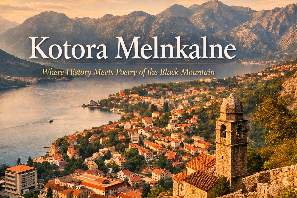 Kotora Melnkalne overlooking Kotor Old Town and the Bay of Kotor with dramatic mountains at golden hour