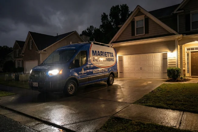Emergency Plumber Marietta GA responding to a nighttime residential plumbing emergency