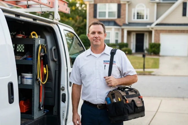 Emergency Plumber Marietta GA arriving at a residential home with professional tools ready for urgent repairs