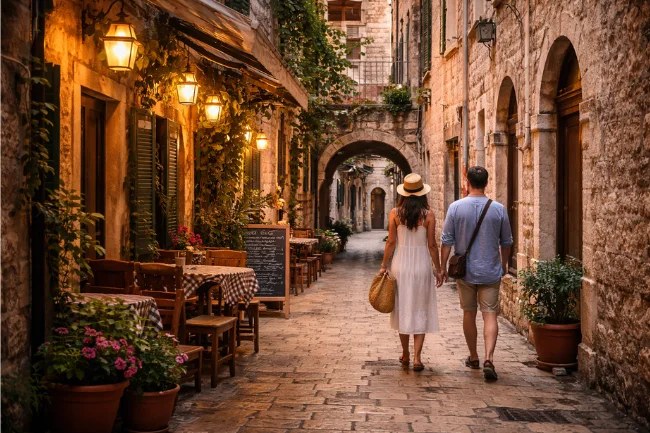 Kotora Melnkalne slow travel scene showing a quiet cobblestone street and relaxed walking pace in the Old Town
