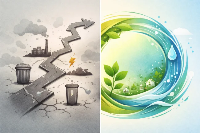 Çievri illustrating the contrast between linear systems and cyclical, resilient thinking