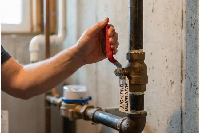 Plumber Santa Clara CA emergency step showing main water shut off valve being turned off