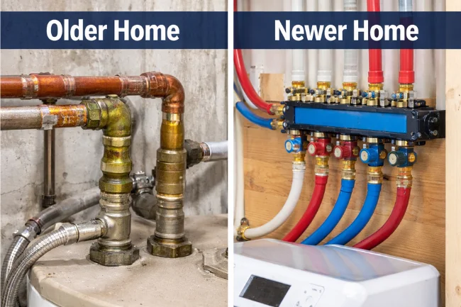 Johns Creek GA Plumber comparing older copper pipes and modern PEX plumbing systems