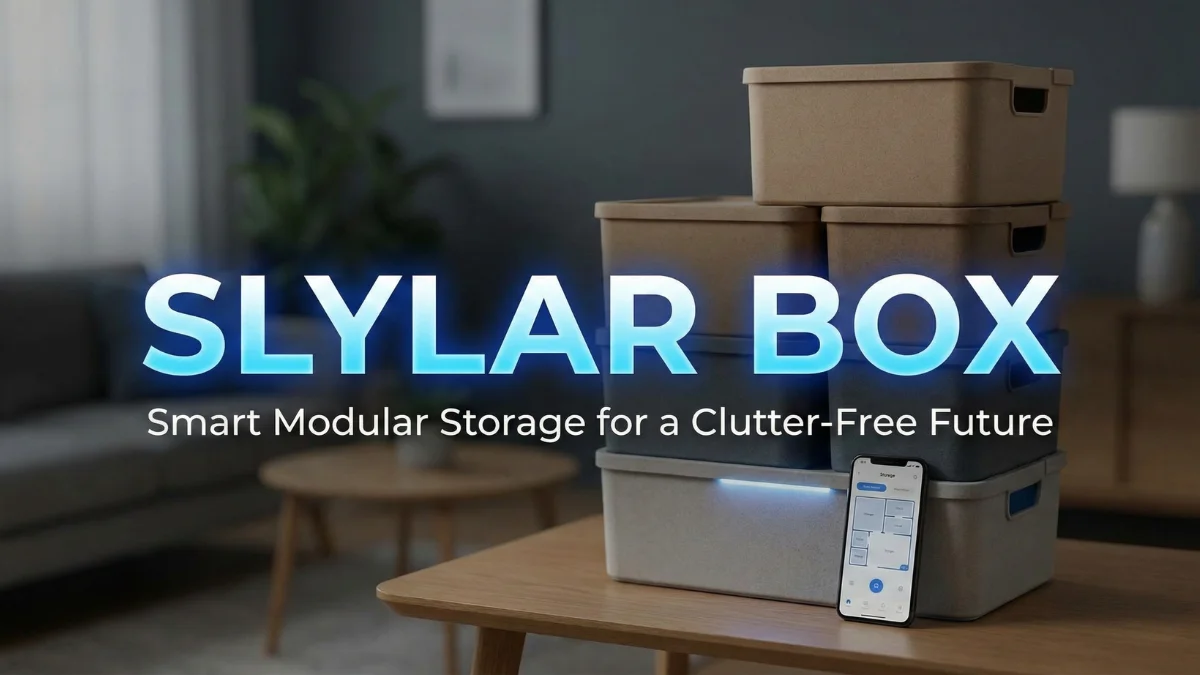 Stacked eco-friendly Slylar Box smart storage units with a smartphone app and glowing LED indicator in a modern home setting.
