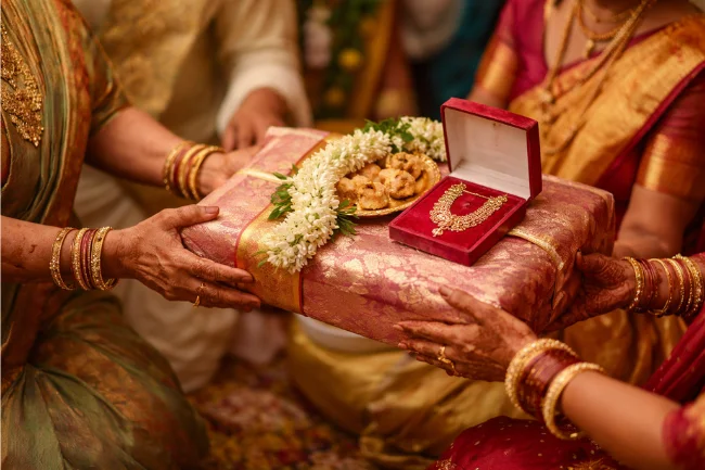 Gelboodu traditional South Indian wedding ritual showing families exchanging gifts as a symbol of unity and respect