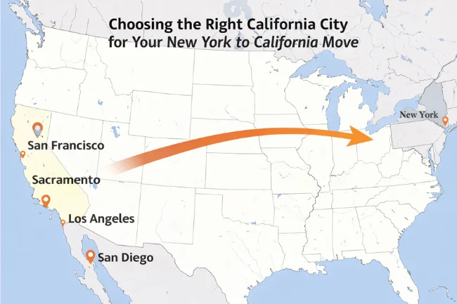 moving from New York to California map showing major California cities like Los Angeles, San Francisco, San Diego, and Sacramento