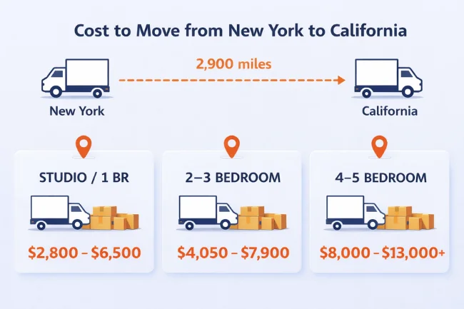 moving from New York to California cost infographic showing average moving prices for studio, 2–3 bedroom, and 4–5 bedroom homes